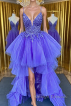 High Low V Neck Purple Lace Long Prom Dress, Lilac Lace Formal Dress, Purple Evening Dress