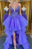High Low V Neck Purple Lace Long Prom Dress, Lilac Lace Formal Dress, Purple Evening Dress