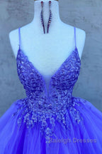 High Low V Neck Purple Lace Long Prom Dress, Lilac Lace Formal Dress, Purple Evening Dress