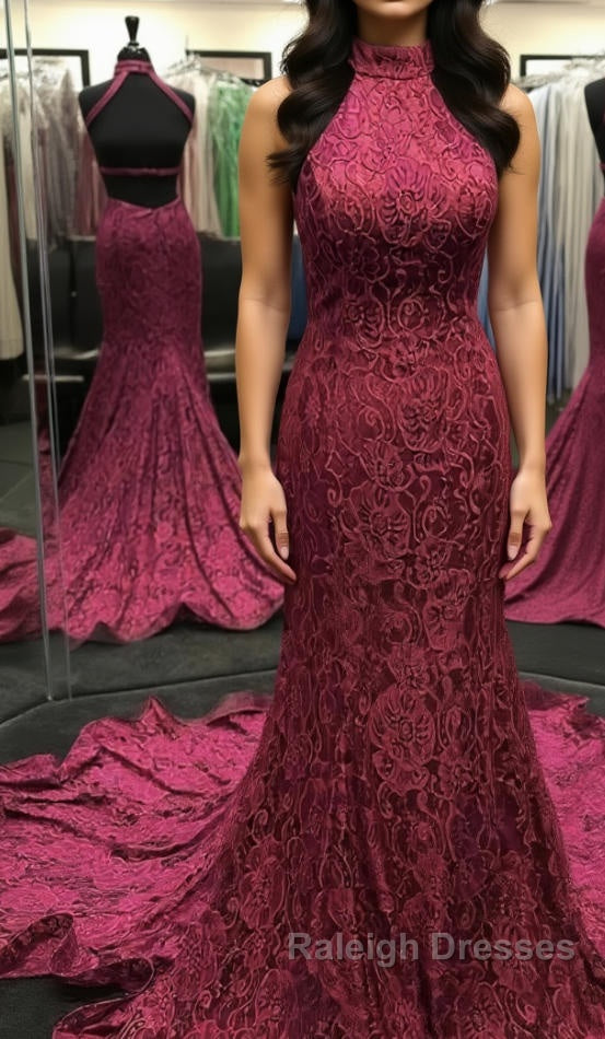 High Neck Backless Burgundy Lace long Prom Dress, Long Burgundy Lace Formal Evening Dress, Burgundy Ball Gown Main image