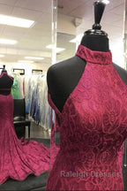High Neck Backless Burgundy Lace long Prom Dresses Long Burgundy Lace Prom Dresses Burgundy Ball Gown