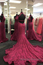 High Neck Backless Burgundy Lace long Prom Dresses Long Burgundy Lace Prom Dresses Burgundy Ball Gown