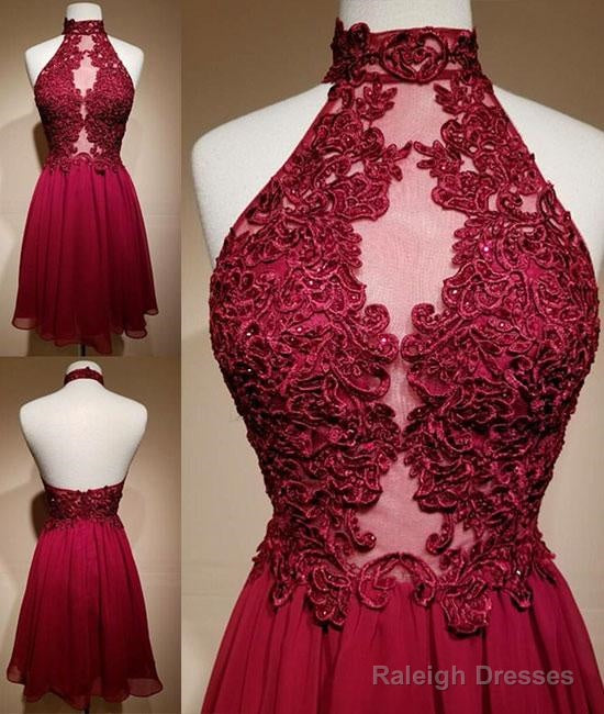 High Neck Backless Burgundy Lace Short Prom Dress Main image