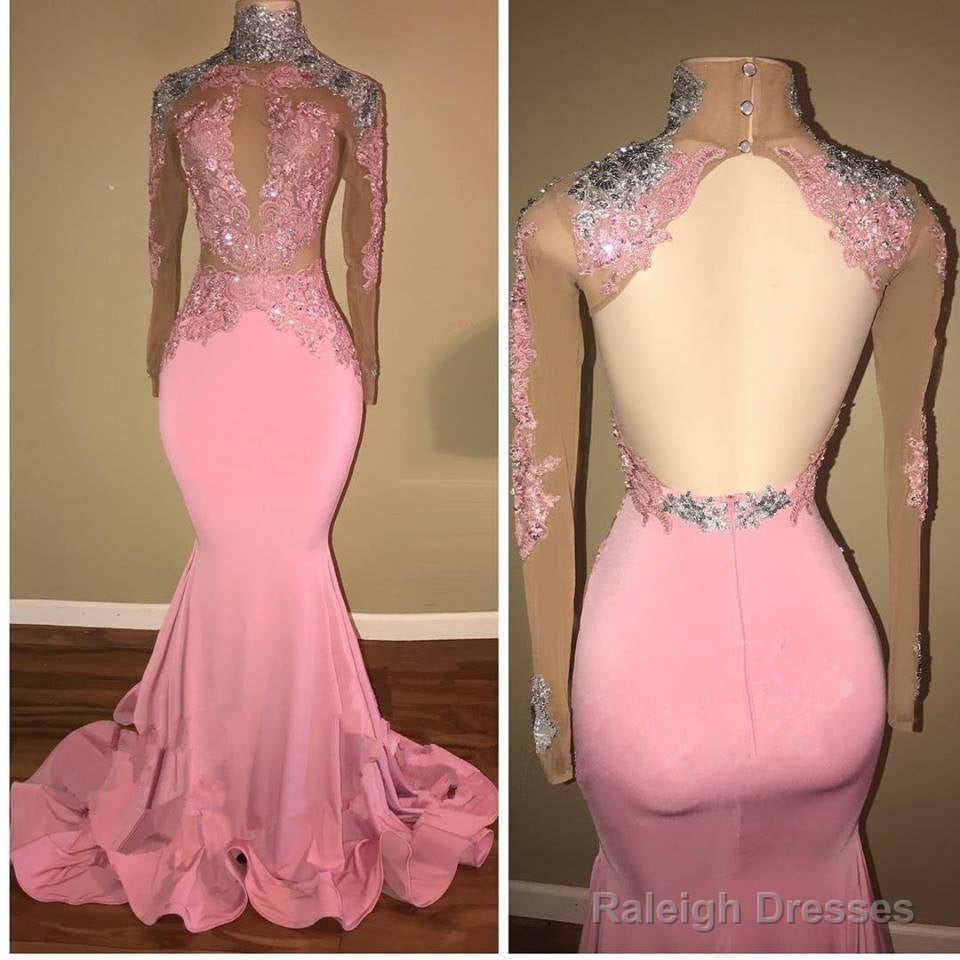 High Neck Backless Pink Lace Prom Dress Beaded