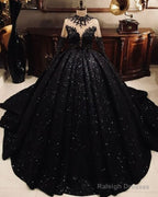 High Neck Ball Gowns Black Sequin Wedding Dress Long Sleeves Sweet 16 Dresses