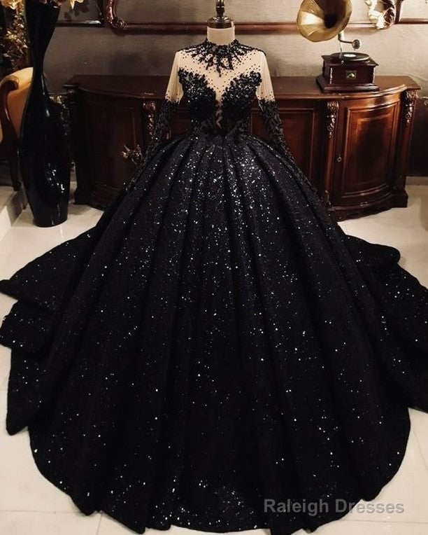 High Neck Ball Gowns Black Sequin Wedding Dress Long Sleeves Sweet 16 Dresses
