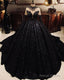 High Neck Ball Gowns Black Sequin Wedding Dress Long Sleeves Sweet 16 Dresses