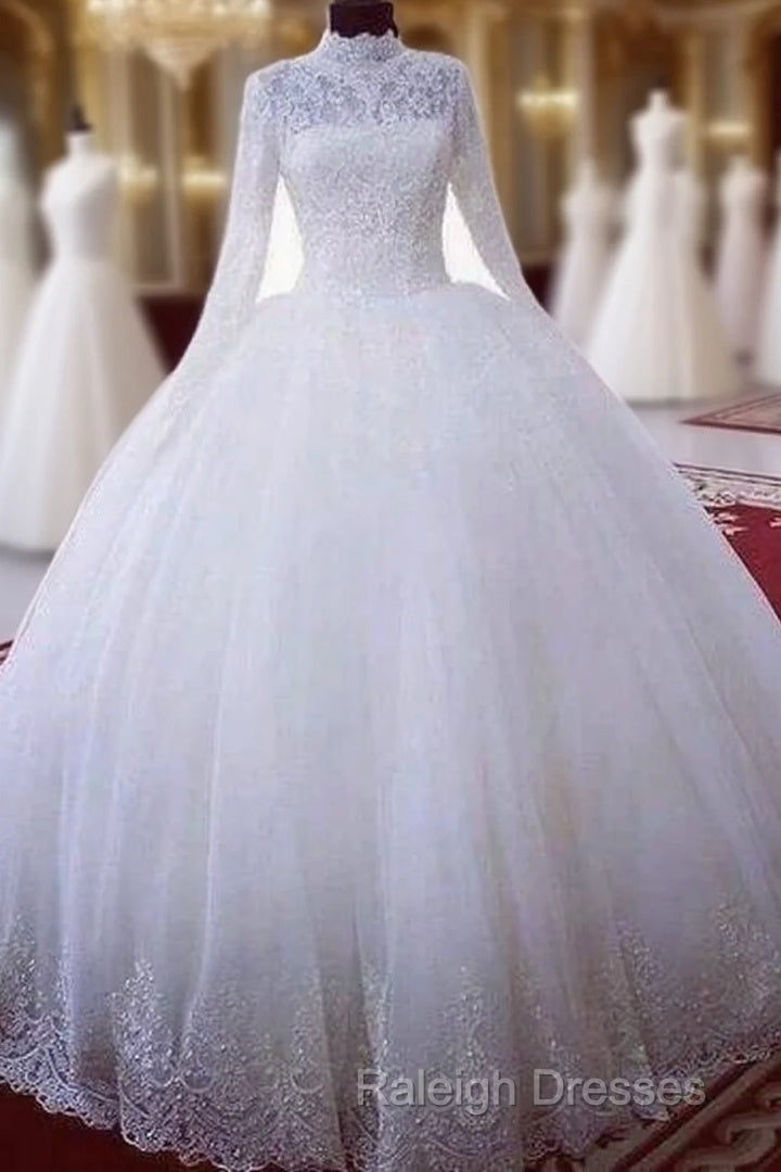 High Neck Ball Gown Muslim Wedding Dresses Lace Applique Long Sleeves