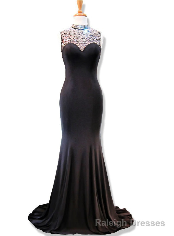 High Neck Beaded Crystals Floor Length Black Mermaid Prom Dress Main image