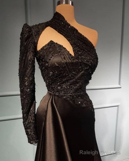 High Neck Black One Shoulder Satin Sweep Train Appliques Prom Formal Dress