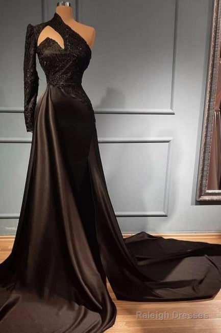 High Neck Black One Shoulder Satin Sweep Train Appliques Prom Formal Dress Main image