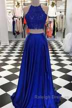 High Neck Blue Two Pieces Long Prom Dress