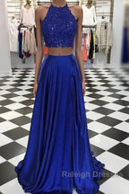 High Neck Blue Two Pieces Long Prom Dress