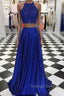 High Neck Blue Two Pieces Long Prom Dress