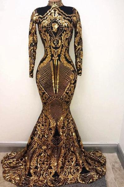 High Neck Golden Appliques Mermaid Long Sleevess Prom Dresses