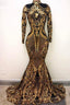 High Neck Golden Appliques Mermaid Long Sleevess Prom Dresses