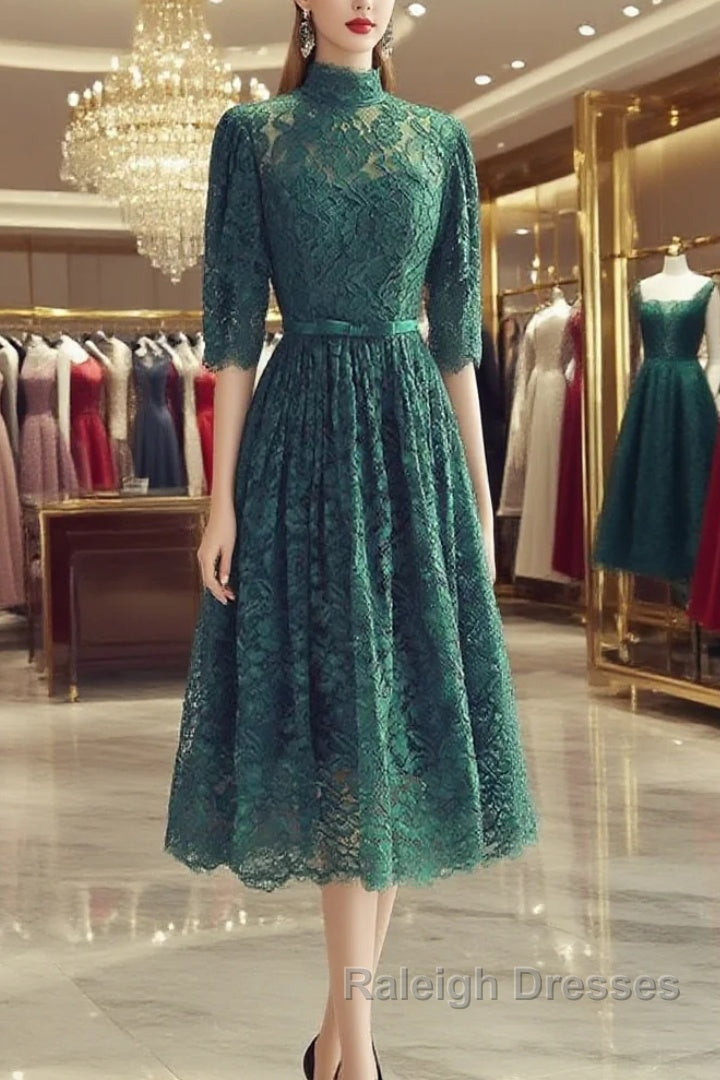High Neck Half Sleeves Green Lace Prom Dresses Green Lace Prom Graduation Homecoming Dresses