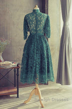 High Neck Half Sleeves Green Lace Prom Dresses Green Lace Prom Graduation Homecoming Dresses