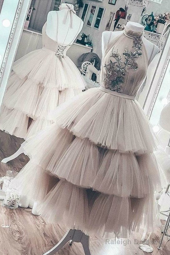 High Neck Halter Tulle Ball Gowns Prom Dresses With Lace