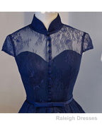 High Neck Homecoming Dress, Lace Dark Navy Lace-up Short Prom Dress