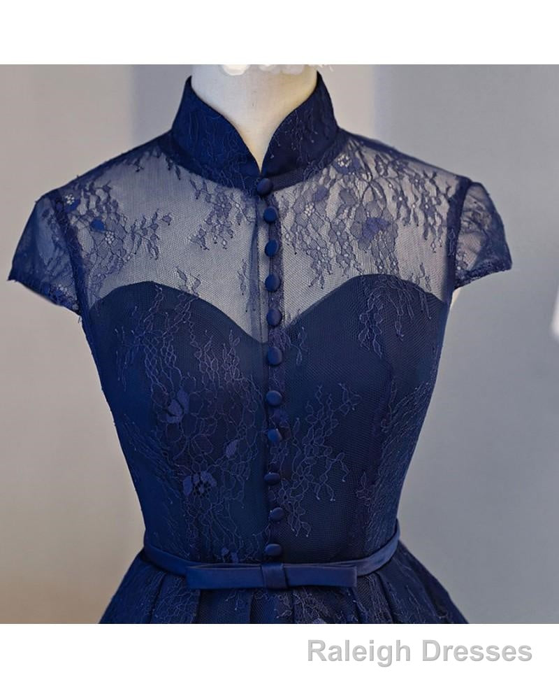 High Neck Homecoming Dress, Lace Dark Navy Lace-up Short Prom Dress