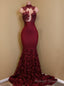 High Neck Lace Mermaid Flowers Burgundy Prom Prom Dress