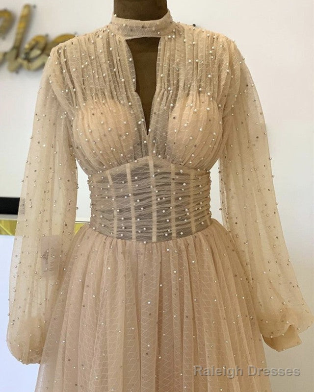 High Neck Long Sleeves Tulle Dresses With Pearl Beaded Secondary image