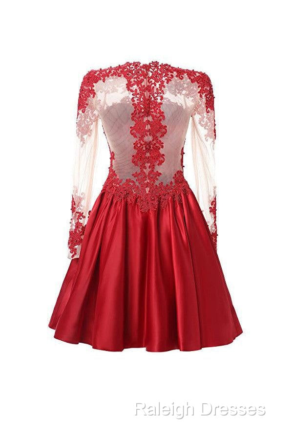 High Neck Long Sleeves With Applique Red Homecoming Dresses