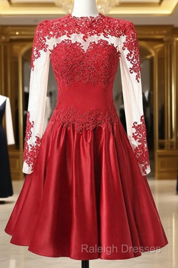 High Neck Long Sleeves With Applique Red Homecoming Dresses