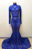 High Neck Long Sleevess Crystal Beading Appliques Mermaid Evening Gowns