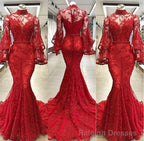 High Neck Long Sleevess Mermaid Beading Applique Chapel Train Prom Prom Gown