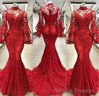 High Neck Long Sleevess Mermaid Beading Applique Chapel Train Prom Party Gowns