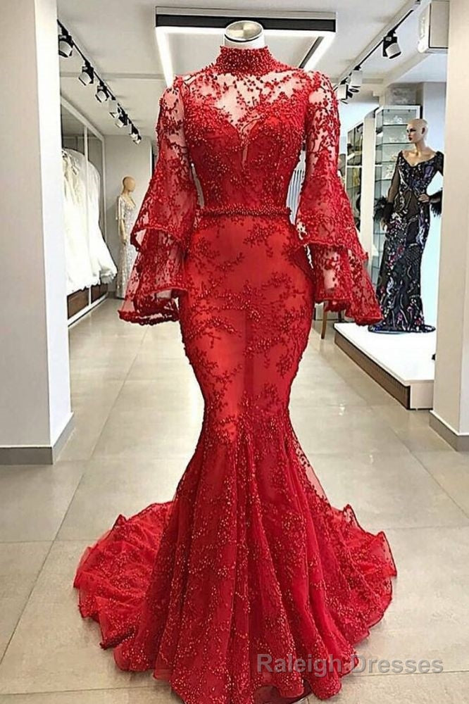 High Neck Long Sleevess Mermaid Beading Applique Chapel Train Prom Prom Gown Main image