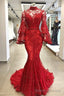 High Neck Long Sleevess Mermaid Beading Applique Chapel Train Prom Prom Gown