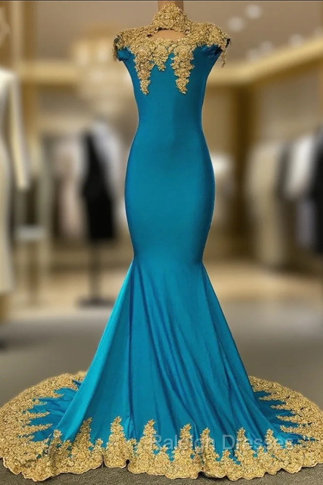 High Neck Mermaid Gold Lace Prom Dresses with Chic Keyhole Main image