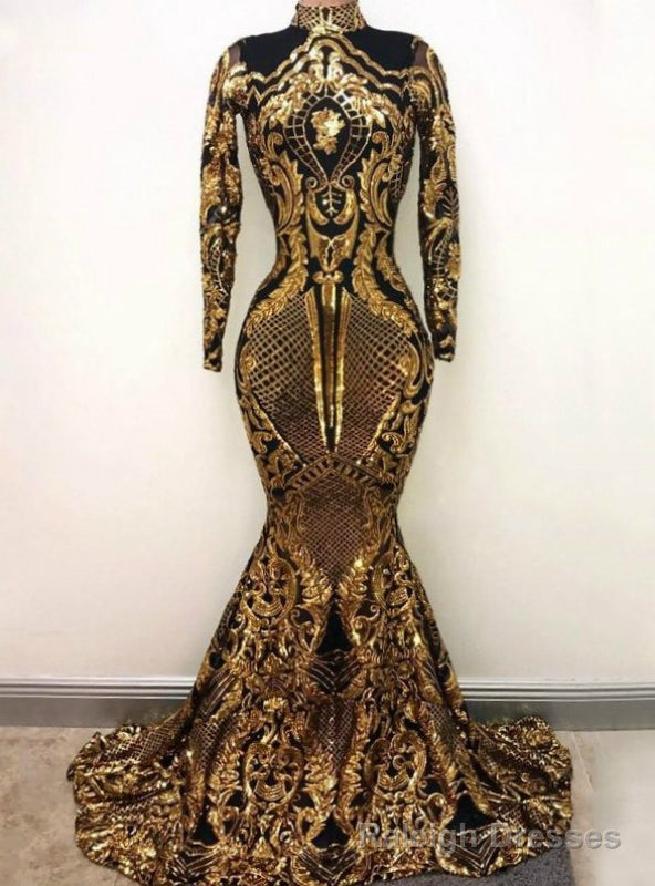 High Neck Mermaid Long Sleeve Gold Sequin Sparkly Prom Dress Main image