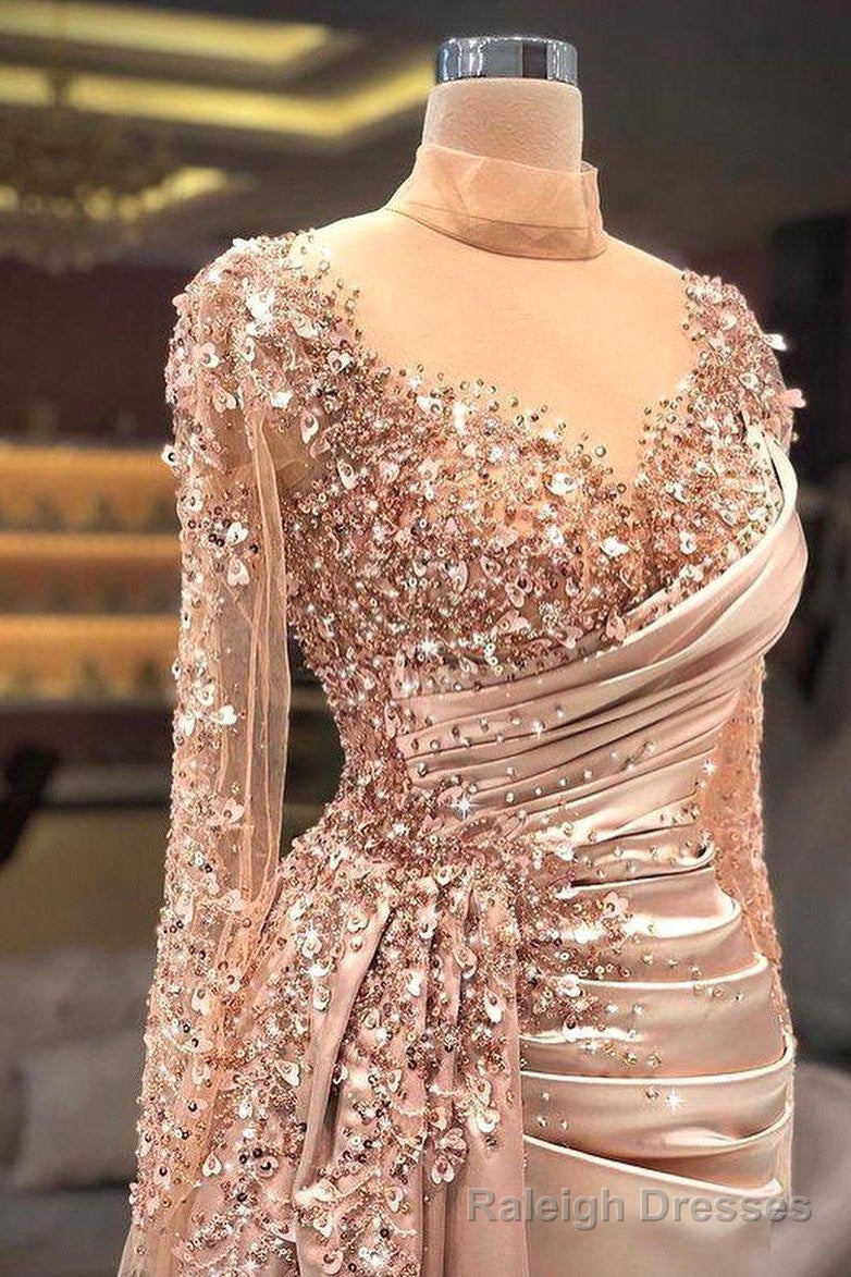 High Neck Mermaid Long Sleeves Lace Sequined Floor Length Long Sleeve With Side Train Prom Dress Secondary image