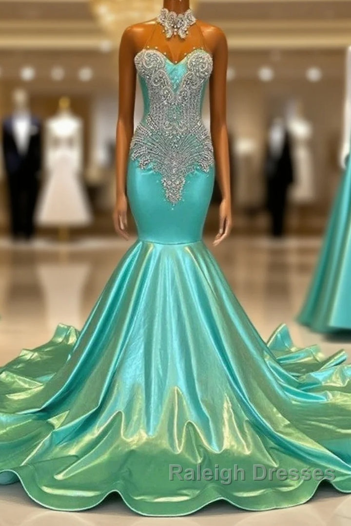 High Neck Mermaid Mint Green Satin Prom Dresses Main image