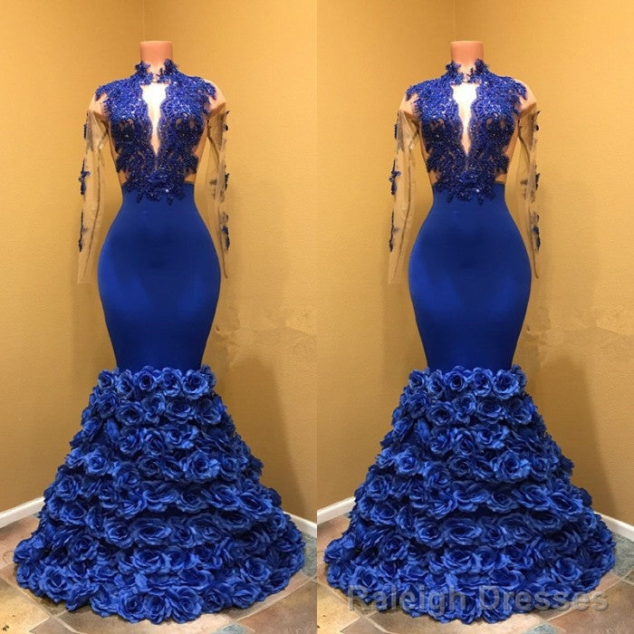 High Neck Mermaid Prom Dress, Flowers Prom Prom Gown