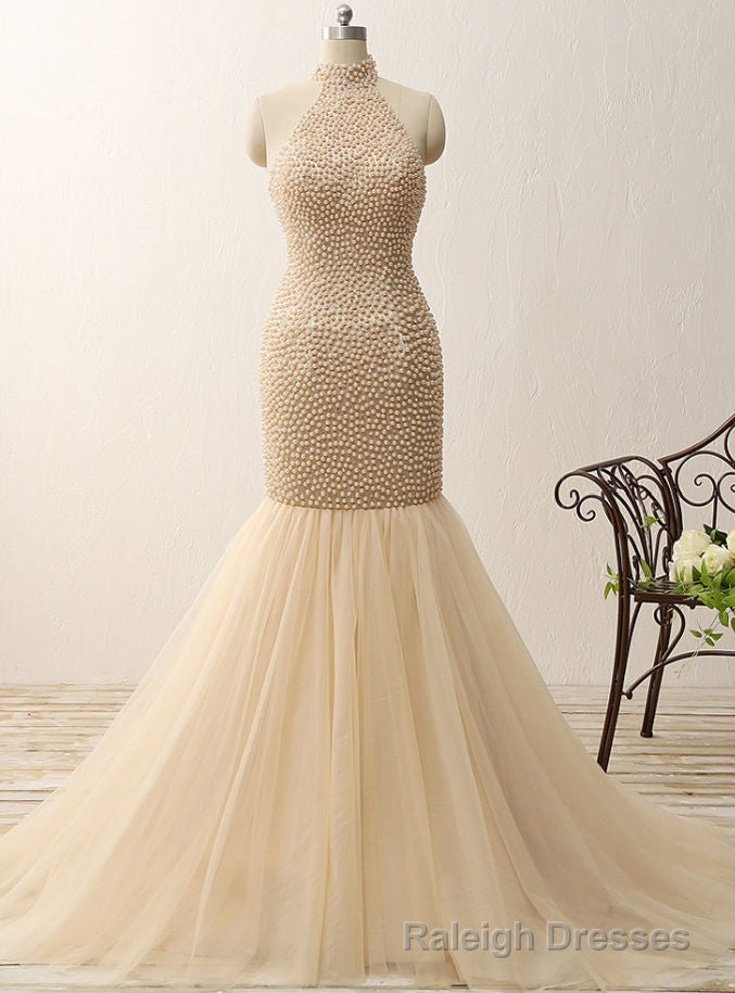 High Neck Mermaid Prom Gowns Pageant Pearls Prom Dresses Open Back Main image