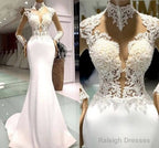 High Neck Mermaid Satin Long Sleeves Lace Wedding Dresses