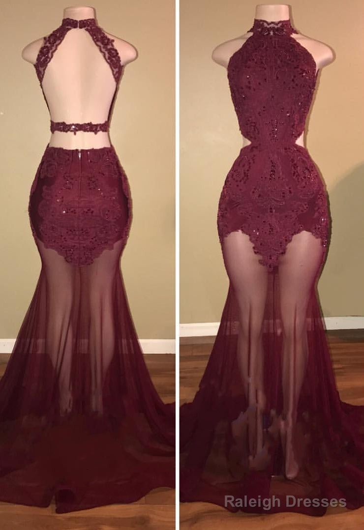 High-Neck Mermaid Tulle Lace Burgundy Prom Dresses Main image