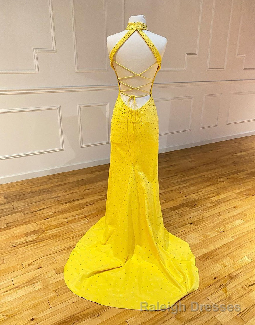High Neck Mermaid Yellow Prom Dress with Split Secondary image