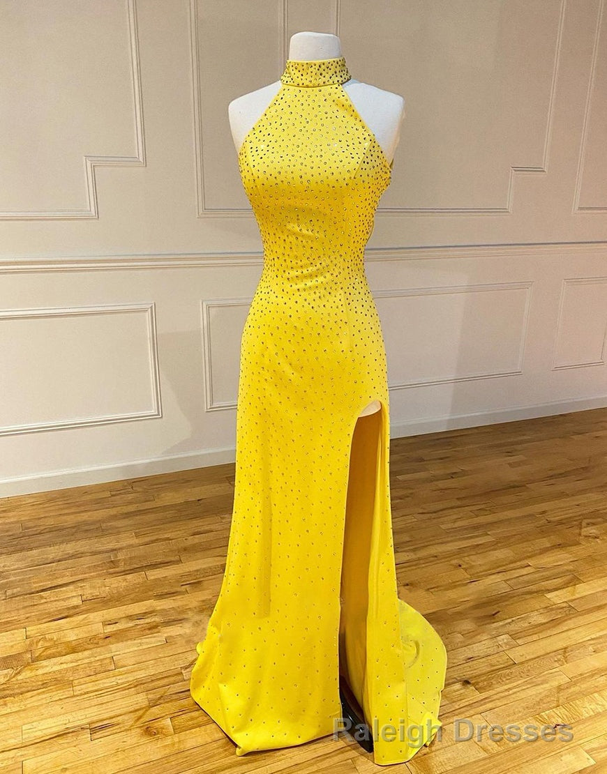 High Neck Mermaid Yellow Prom Dress with Split Main image