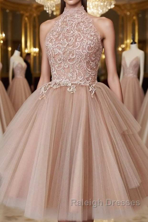 High Neck Open Back Short Champagne Lace Prom Dress, Backless Champagne Lace Formal Graduation Dress, Champagne Lace Homecoming Dress