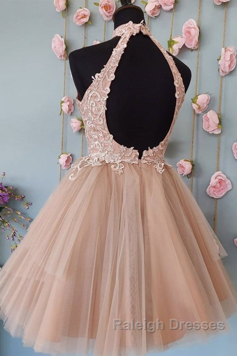 High Neck Open Back Short Champagne Lace Prom Dresses Backless Champagne Lace Prom Graduation Dresses Champagne Lace Homecoming Dresses