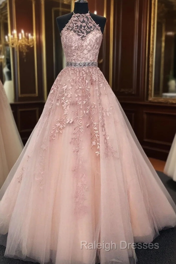 High Neck Pink Lace Prom Dress Pink Lace Prom Graduation Dress Main image