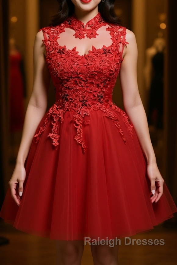High Neck Red Lace Short Prom Dresses Red Lace Homecoming Dresses Red Prom Graduation Prom Dresses