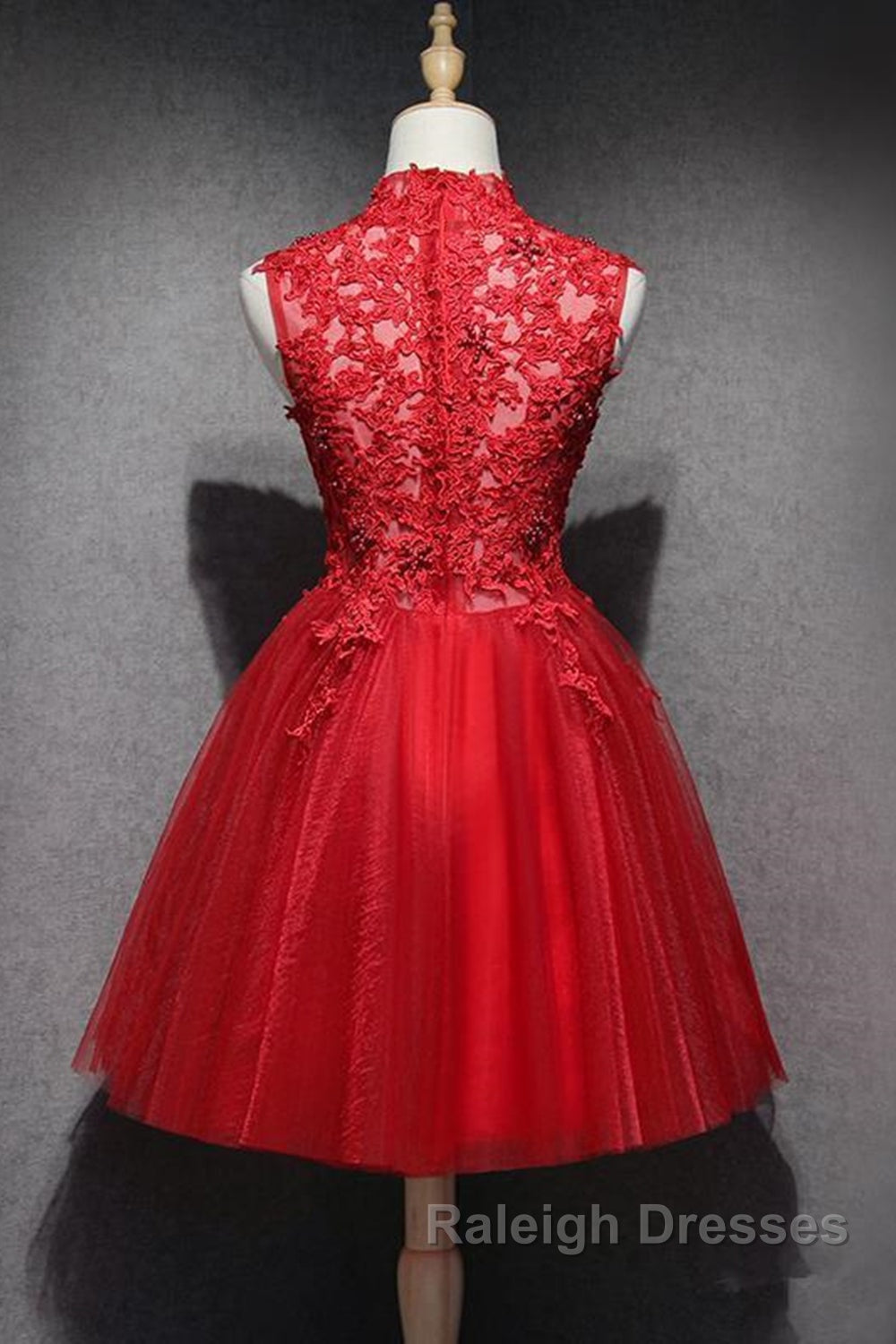 High Neck Red Lace Short Prom Dress, Red Lace Homecoming Dress, Red Formal Graduation Evening Dress Secondary image