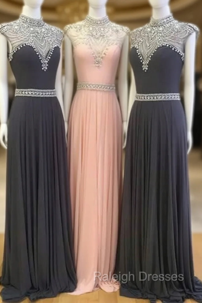 High Neck Sequin Bead Chiffon Long Prom Dress, Evening Dress Main image